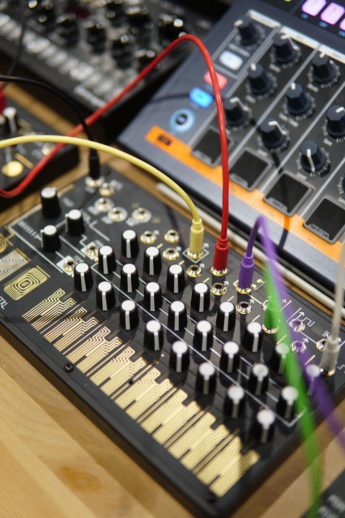 birthday-party-04 Close-up shot of a synthesizer panel with knobs and cables, ideal for electronic music themes.